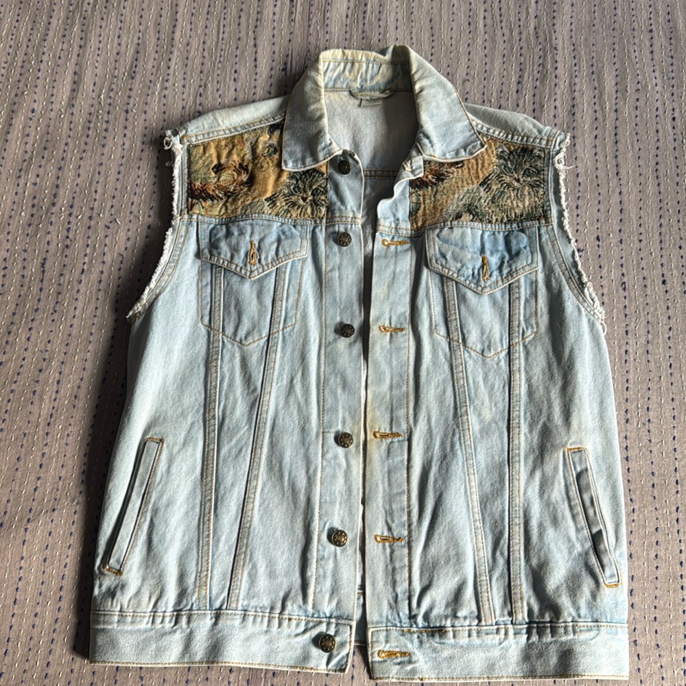 Vintage denim vest with cat patches